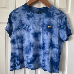Wild Fable Blue Tie-dye Short Sleeve Cropped Women’s Top Rainbow Upper Patch XL